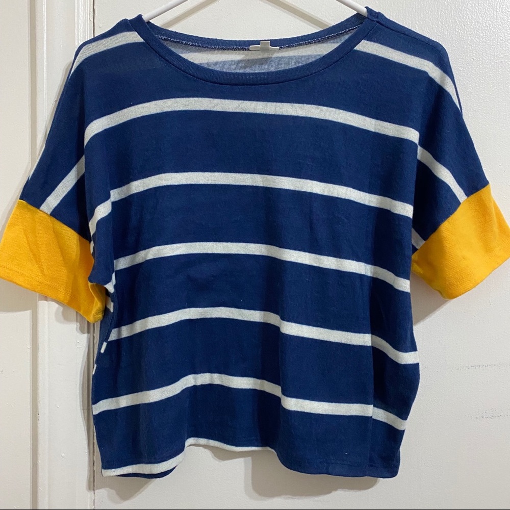 Navy Color Block Sleeve Striped Crop Top